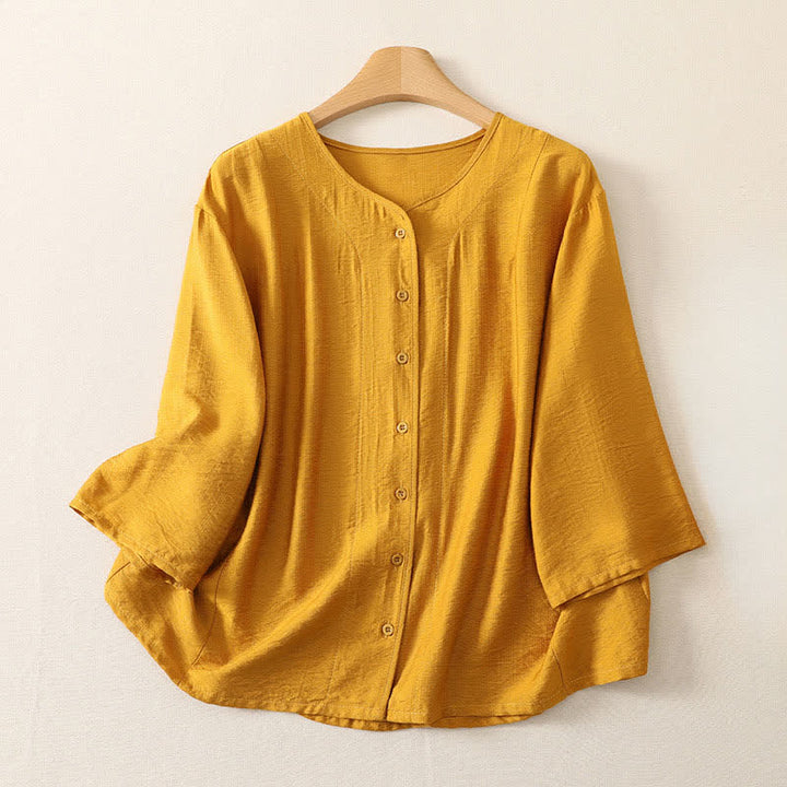Buddha Stones Lässiges, minimalistisches, einfarbiges Langarmhemd für Damen mit Knopfleiste – Sommerlich - Goldrute - US12, UK/AU16, EU44 (3XL) - image 0