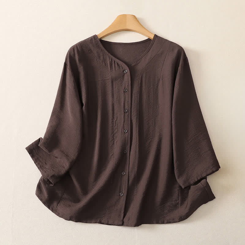 Buddha Stones Lässiges, minimalistisches, einfarbiges Langarmhemd für Damen mit Knopfleiste – Sommerlich - Sattelbraun - US12, UK/AU16, EU44 (3XL) - image 17