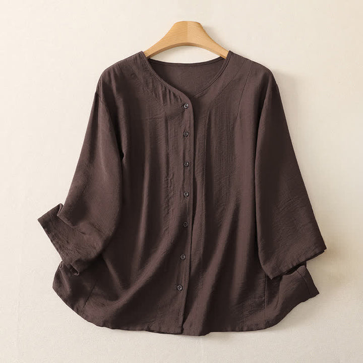 Buddha Stones Lässiges, minimalistisches, einfarbiges Langarmhemd für Damen mit Knopfleiste – Sommerlich - Sattelbraun - US12, UK/AU16, EU44 (3XL) - image 17