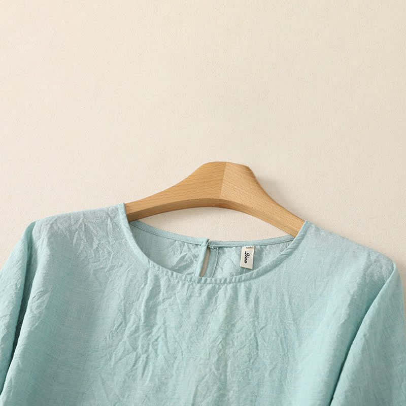 Buddha Stones Sommerliche, lässige, minimalistische, einfarbige Damen-Langarmshirts mit Rundhalsausschnitt - image 5