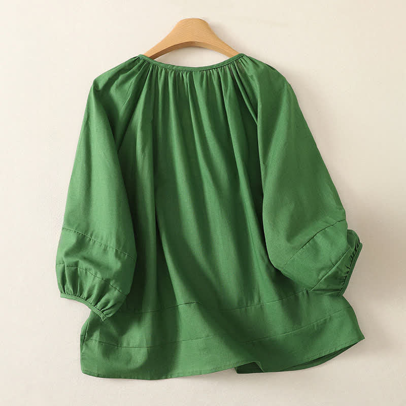 Buddha Stones Sommerliches Boho-Damen-Langarmshirt mit Kordelzug und Rundhalsausschnitt, einfarbig, einfarbig - image 1