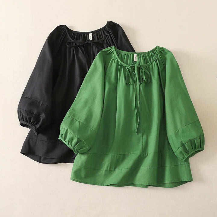Buddha Stones Sommerliches Boho-Damen-Langarmshirt mit Kordelzug und Rundhalsausschnitt, einfarbig, einfarbig - image 12