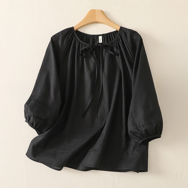 Buddha Stones Sommerliches Boho-Damen-Langarmshirt mit Kordelzug und Rundhalsausschnitt, einfarbig, einfarbig - Schwarz - US14, UK/AU18, EU46 (2XL) - image 8