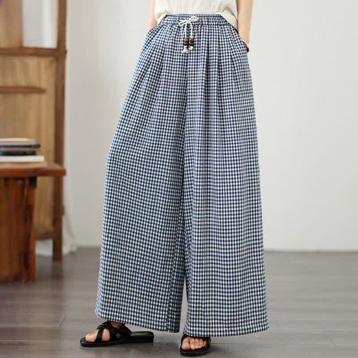 Buddha Stones Lässige Sommerhose mit Kordelzug, klein kariert, knöchelhoch, Damenhose mit weitem Bein und Tasche - image 1