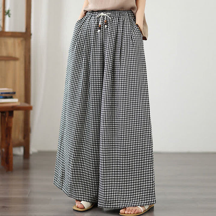 Buddha Stones Lässige Sommerhose mit Kordelzug, klein kariert, knöchelhoch, Damenhose mit weitem Bein und Tasche - image 13