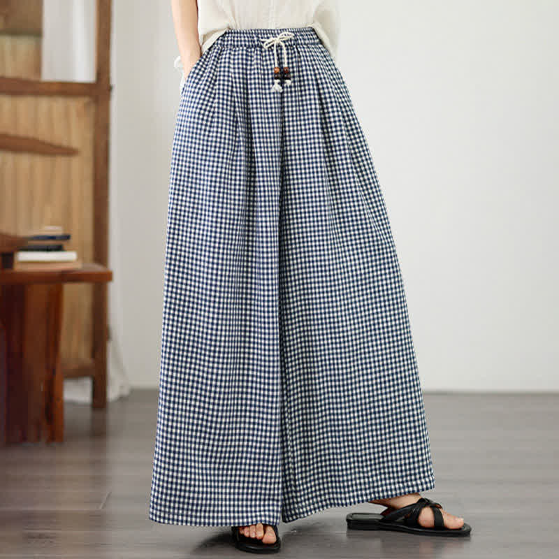 Buddha Stones Lässige Sommerhose mit Kordelzug, klein kariert, knöchelhoch, Damenhose mit weitem Bein und Tasche - Hellstahlblau - US8-10, UK/AU12-14, EU40-42 (2XL) - image 0