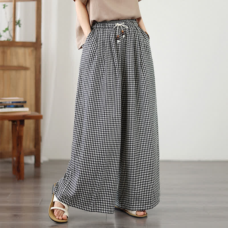Buddha Stones Lässige Sommerhose mit Kordelzug, klein kariert, knöchelhoch, Damenhose mit weitem Bein und Tasche - image 9