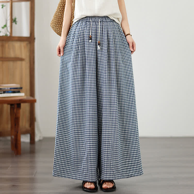 Buddha Stones Lässige Sommerhose mit Kordelzug, klein kariert, knöchelhoch, Damenhose mit weitem Bein und Tasche - image 7