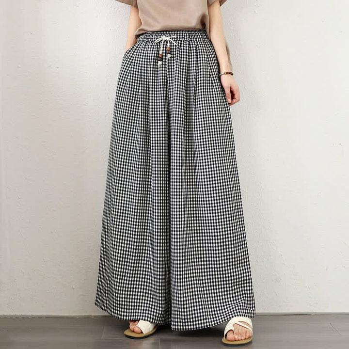 Buddha Stones Lässige Sommerhose mit Kordelzug, klein kariert, knöchelhoch, Damenhose mit weitem Bein und Tasche - image 10