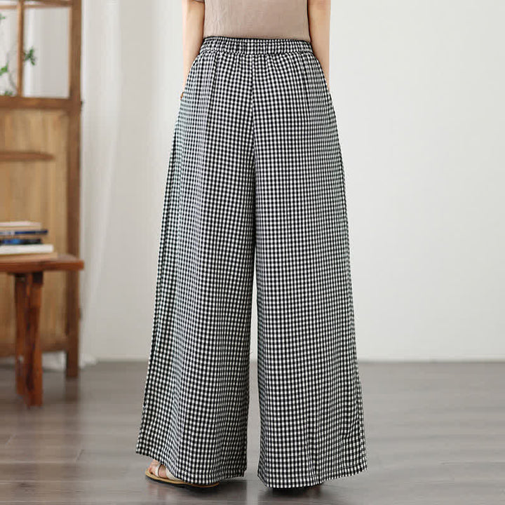 Buddha Stones Lässige Sommerhose mit Kordelzug, klein kariert, knöchelhoch, Damenhose mit weitem Bein und Tasche - image 11