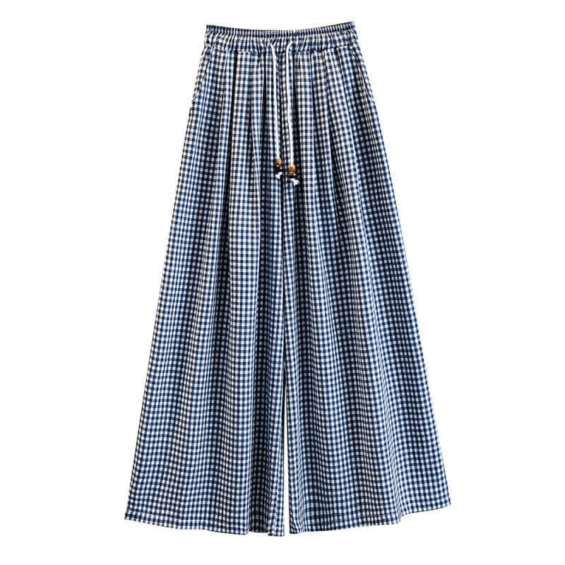 Buddha Stones Lässige Sommerhose mit Kordelzug, klein kariert, knöchelhoch, Damenhose mit weitem Bein und Tasche - image 6