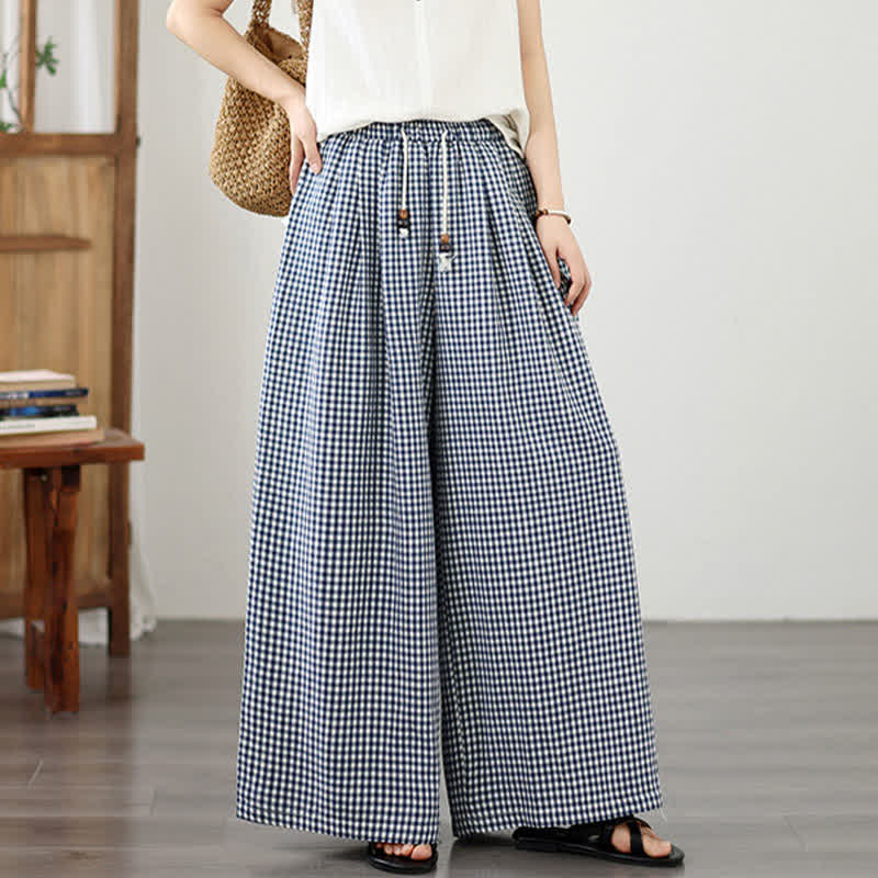 Buddha Stones Lässige Sommerhose mit Kordelzug, klein kariert, knöchelhoch, Damenhose mit weitem Bein und Tasche - image 5