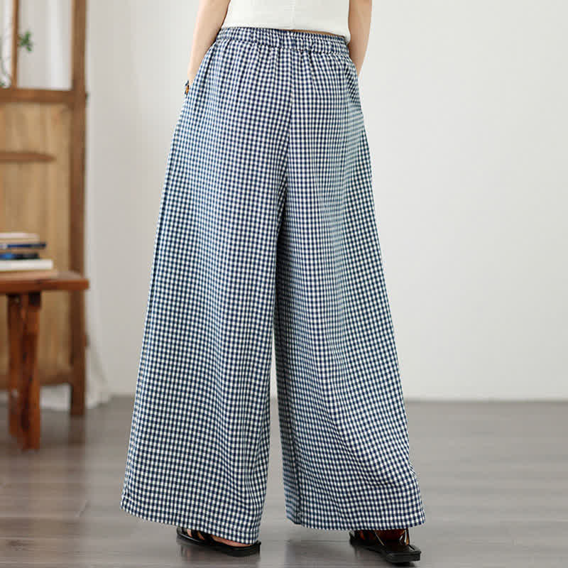 Buddha Stones Lässige Sommerhose mit Kordelzug, klein kariert, knöchelhoch, Damenhose mit weitem Bein und Tasche - image 4