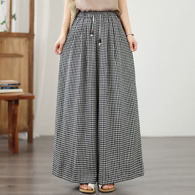 Buddha Stones Lässige Sommerhose mit Kordelzug, klein kariert, knöchelhoch, Damenhose mit weitem Bein und Tasche - image 12
