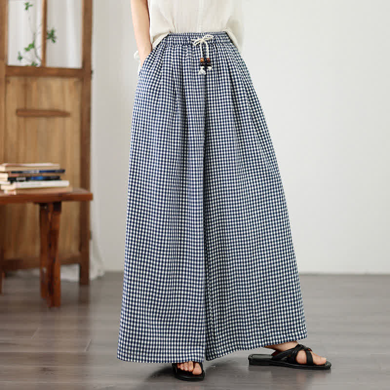Buddha Stones Lässige Sommerhose mit Kordelzug, klein kariert, knöchelhoch, Damenhose mit weitem Bein und Tasche - image 2