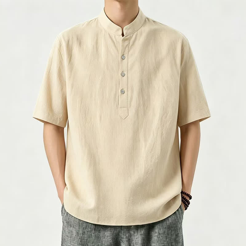 Buddha Stones Lässige Sommerhemden mit Stehkragen, einfarbig, Kurzarm, für Herren - Khaki - US/UK/AU46, EU56 (5XL) - image 0