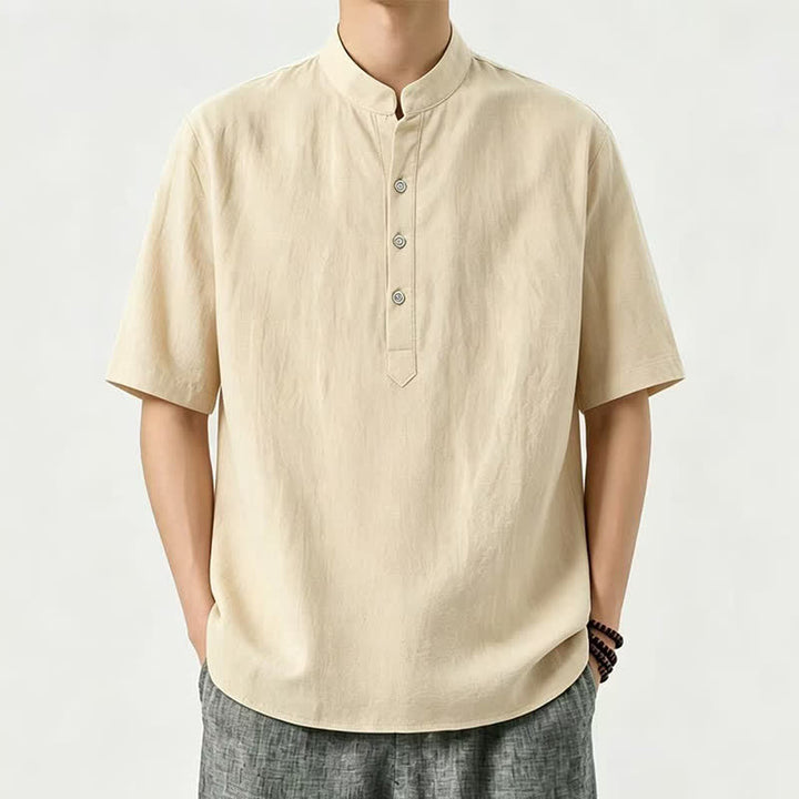 Buddha Stones Lässige Sommerhemden mit Stehkragen, einfarbig, Kurzarm, für Herren - Khaki - US/UK/AU46, EU56 (5XL) - image 0