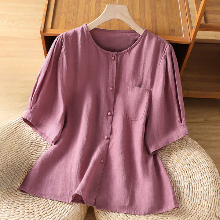 Buddha Stones Lässiges, minimalistisches Sommer-Hemd mit Knopfleiste, kurzen Ärmeln und aufgesetzter Tasche für Damen. - RosyBrown - US8-10, UK/AU12-14, EU40-42 (2XL) - image 0