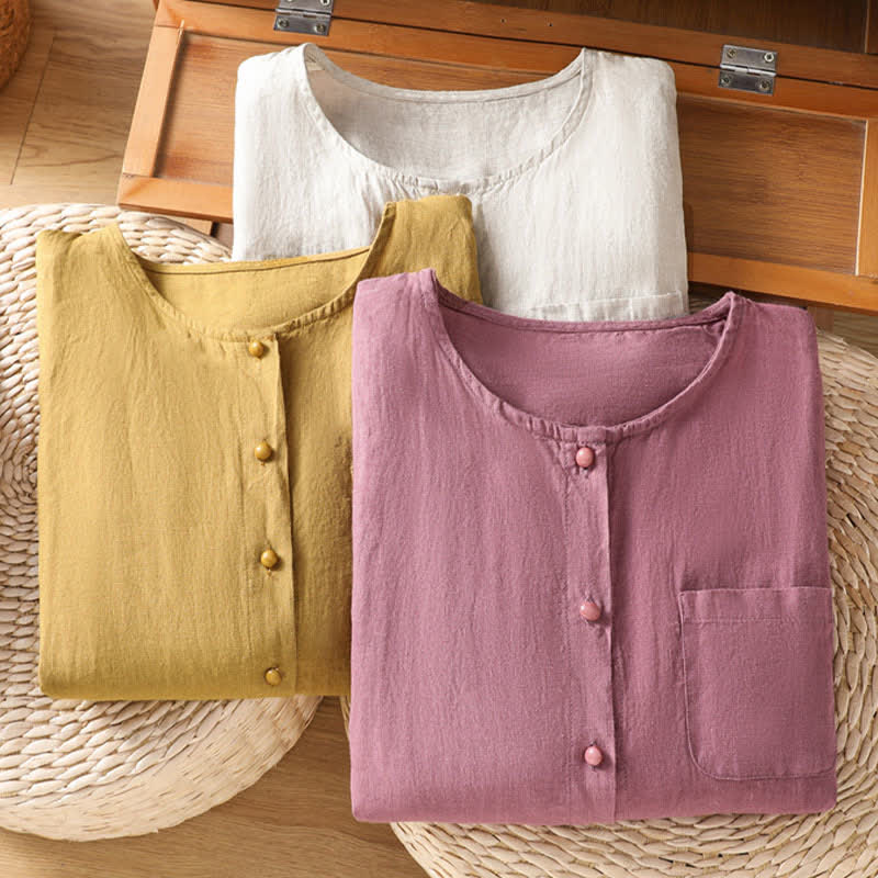 Buddha Stones Lässiges, minimalistisches Sommer-Hemd mit Knopfleiste, kurzen Ärmeln und aufgesetzter Tasche für Damen. - image 24