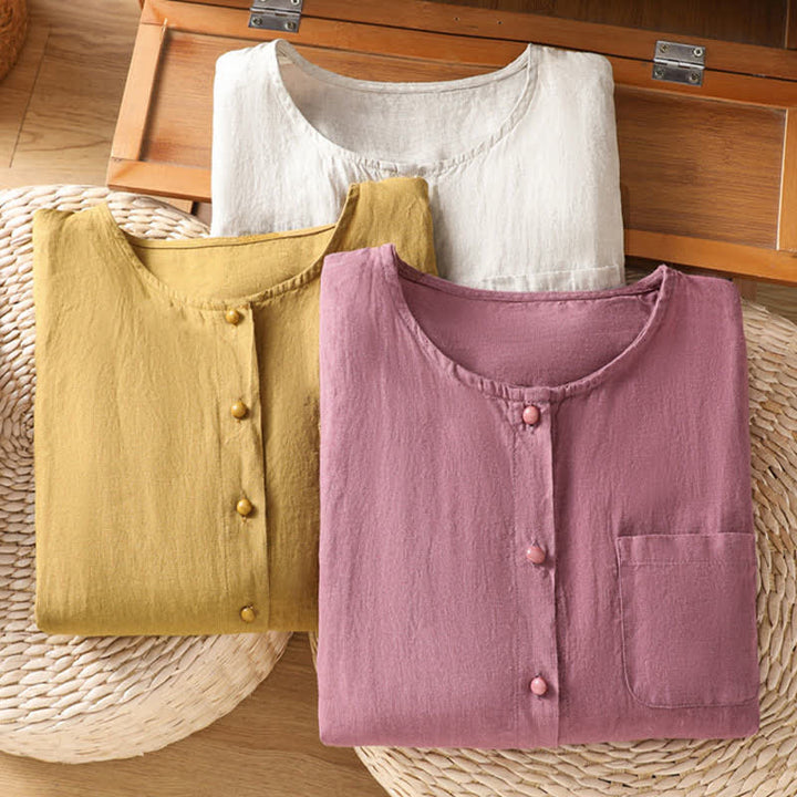Buddha Stones Lässiges, minimalistisches Sommer-Hemd mit Knopfleiste, kurzen Ärmeln und aufgesetzter Tasche für Damen. - image 24