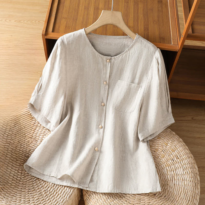 Buddha Stones Lässiges, minimalistisches Sommer-Hemd mit Knopfleiste, kurzen Ärmeln und aufgesetzter Tasche für Damen. - Leinen - US8-10, UK/AU12-14, EU40-42 (2XL) - image 13