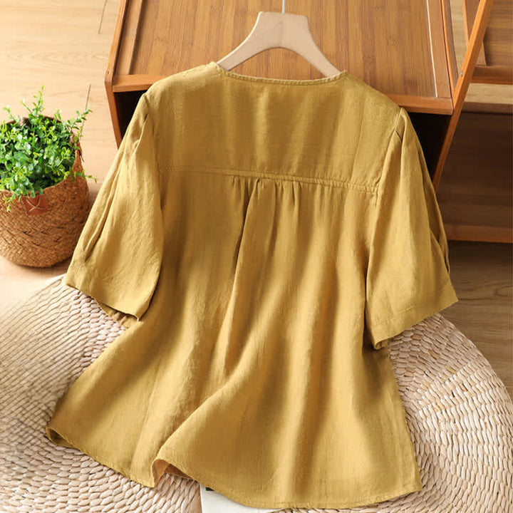 Buddha Stones Lässiges, minimalistisches Sommer-Hemd mit Knopfleiste, kurzen Ärmeln und aufgesetzter Tasche für Damen. - image 8