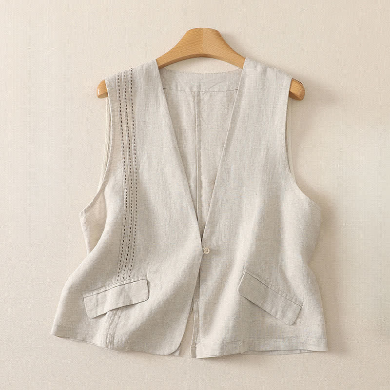 Buddha Stones Sommerliches, lässiges, minimalistisches, einfarbiges Damen-Tanktop mit Knopfleiste - Leinen - US12, UK/AU16, EU44 (2XL) - image 0