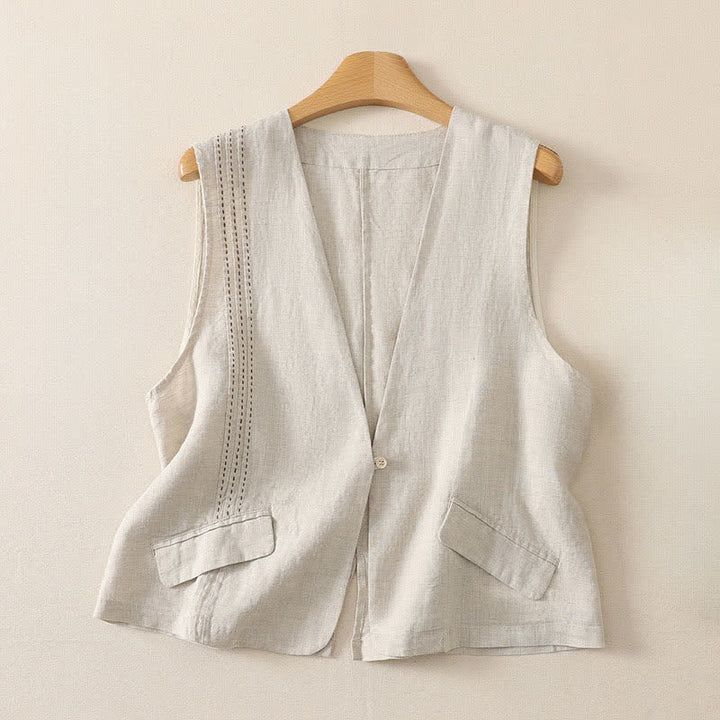 Buddha Stones Sommerliches, lässiges, minimalistisches, einfarbiges Damen-Tanktop mit Knopfleiste - Leinen - US12, UK/AU16, EU44 (2XL) - image 0