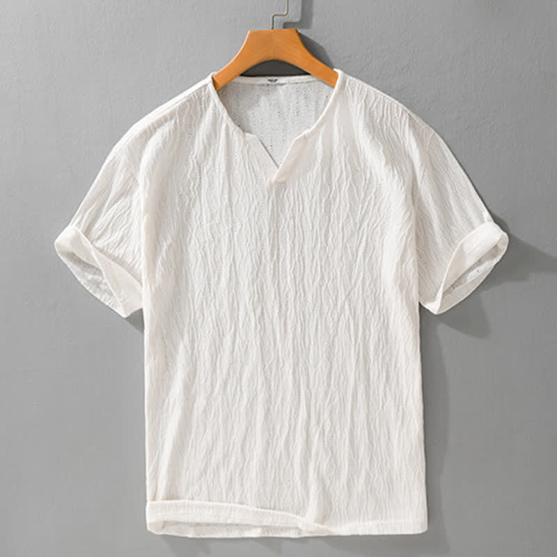Buddha Stones Lässiges, minimalistisches Kurzarm-T-Shirt für Herren mit V-Ausschnitt aus Sommer. - Leinen - US/UK/AU42, EU52 (3XL) - image 11