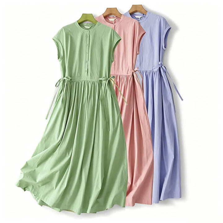 Buddha Stones Sommerliches, lässiges Vintage-Kleid für Damen mit kurzen Ärmeln, Knopfleiste, Schnürung, Tasche und Knopfleiste - image 23