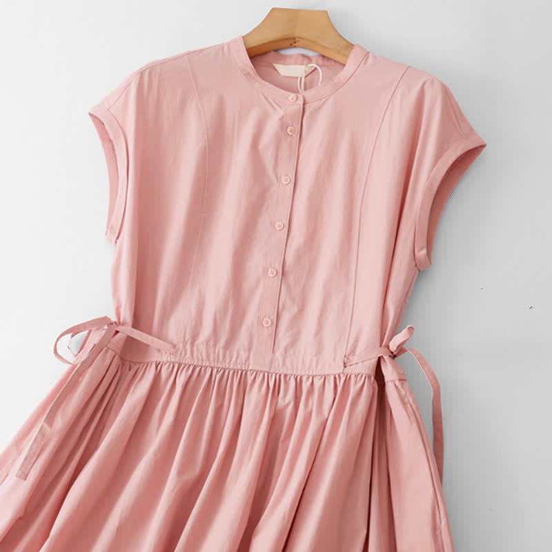 Buddha Stones Sommerliches, lässiges Vintage-Kleid für Damen mit kurzen Ärmeln, Knopfleiste, Schnürung, Tasche und Knopfleiste - image 19