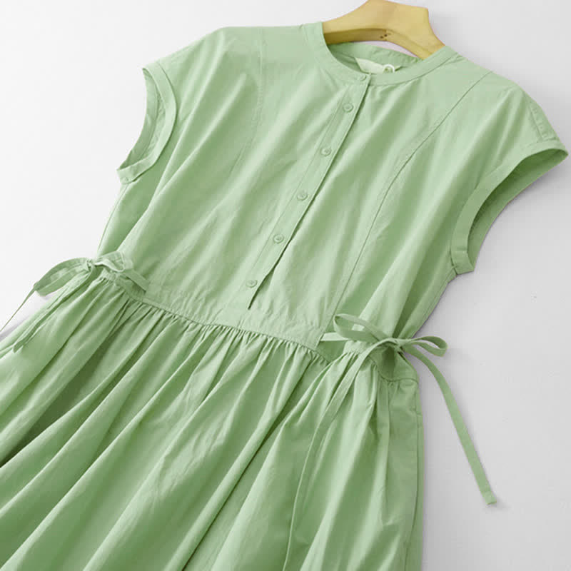 Buddha Stones Sommerliches, lässiges Vintage-Kleid für Damen mit kurzen Ärmeln, Knopfleiste, Schnürung, Tasche und Knopfleiste - image 9