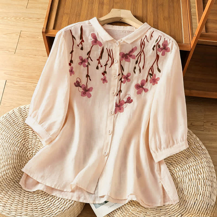 Buddha Stones Sommerliche Vintage-Damenblusen mit Blumenstickerei und kurzen Ärmeln - Pfirsichpuff - US8-10, UK/AU12-14, EU40-42 (2XL) - image 0