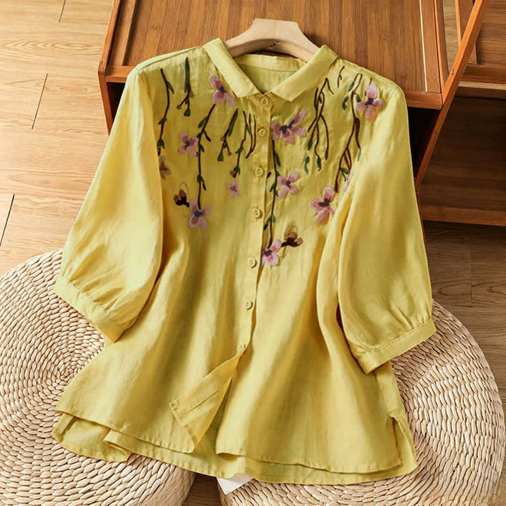 Buddha Stones Sommerliche Vintage-Damenblusen mit Blumenstickerei und kurzen Ärmeln - Khaki - US8-10, UK/AU12-14, EU40-42 (2XL) - image 8