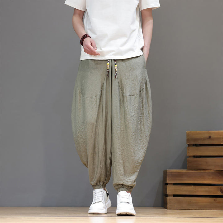 Buddha Stones Lässige, kurze Herren-Haremshose im Vintage-Stil mit Kordelzug und Tasche - Dunkelkhaki - US/UK/AU46, EU56 (5XL) - image 29