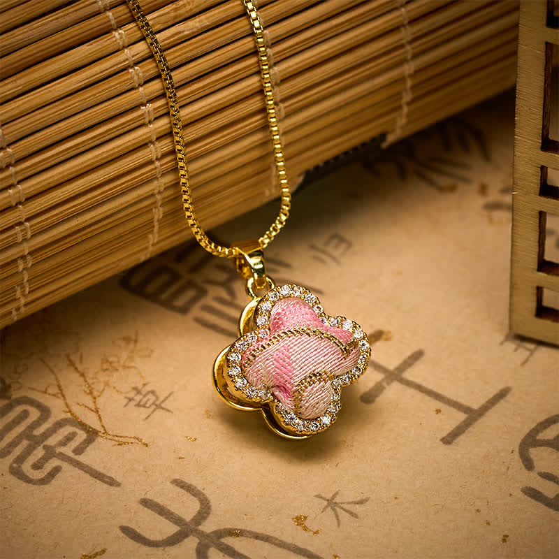 Buddha Stones Halskette aus Kupfer mit drehbarem Herz und vierblättrigem Kleeblatt, eingelegt in rosa Brokat, mit harmonischer Verbindung - image 2