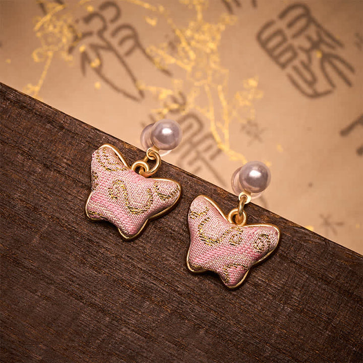 Buddha Stones Ohrringe im Vintage-Stil mit Brokatperlen und Schmetterlingsmotiven im chinesischen Vintage-Stil - Schmetterling (gleicher Farbton – Muster variiert) - image 0