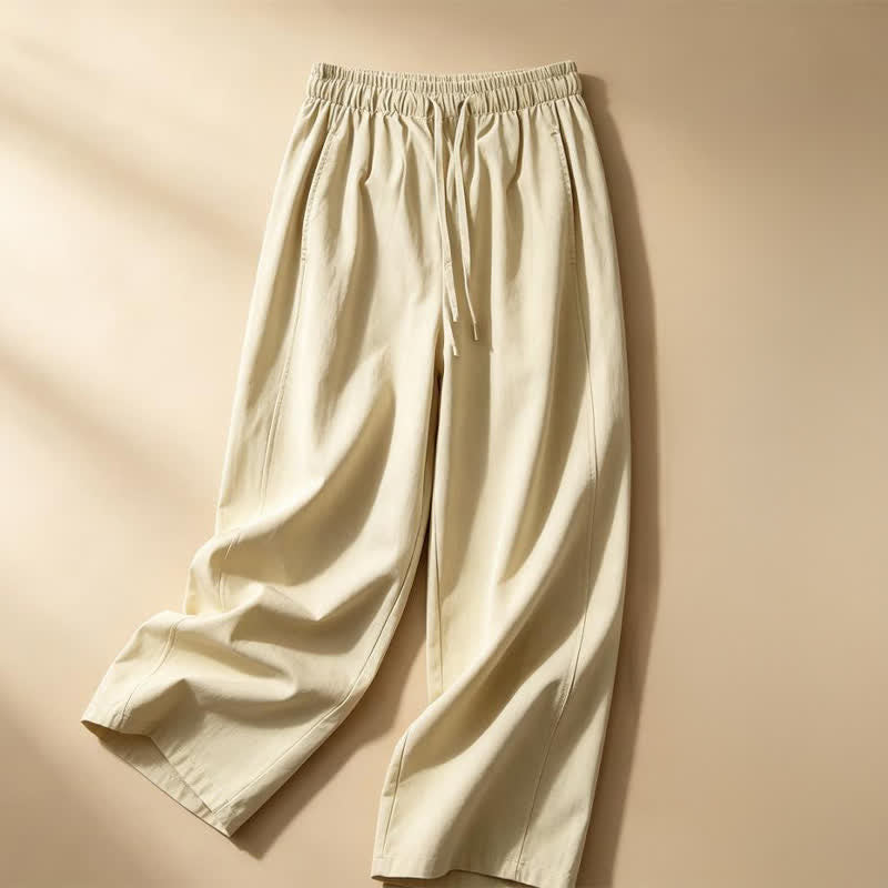 Buddha Stones Lässige, minimalistische Sommerhose mit Kordelzug, einfarbig, knöchelhoch, Damenhose mit weitem Bein und Tasche - image 1