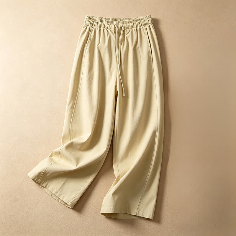 Buddha Stones Lässige, minimalistische Sommerhose mit Kordelzug, einfarbig, knöchelhoch, Damenhose mit weitem Bein und Tasche - Blassgoldenrode - US8-10, UK/AU12-14, EU40-42 (2XL) - image 0