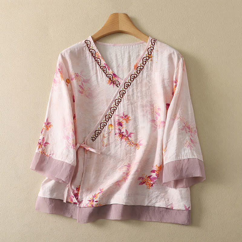 Buddha Stones Sommerliches Vintage-T-Shirt im Tang-Stil mit floraler Stickerei, V-Ausschnitt und Dreiviertelärmeln für Damen - Lavendel-Rouge - US8-10, UK/AU12-14, EU40-42 (2XL) - image 0