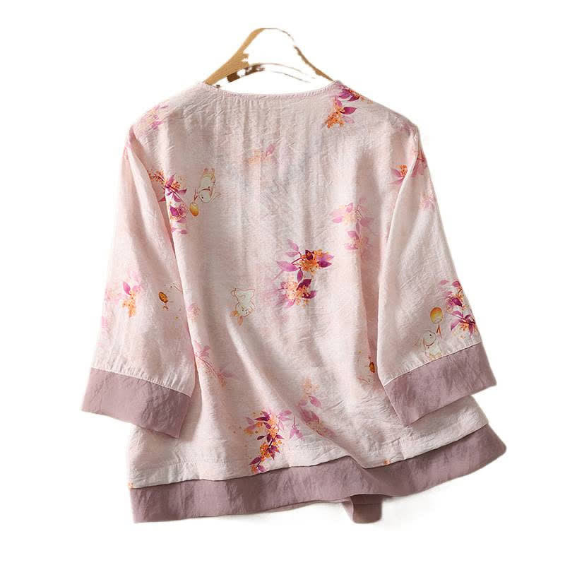 Buddha Stones Sommerliches Vintage-T-Shirt im Tang-Stil mit floraler Stickerei, V-Ausschnitt und Dreiviertelärmeln für Damen - image 1