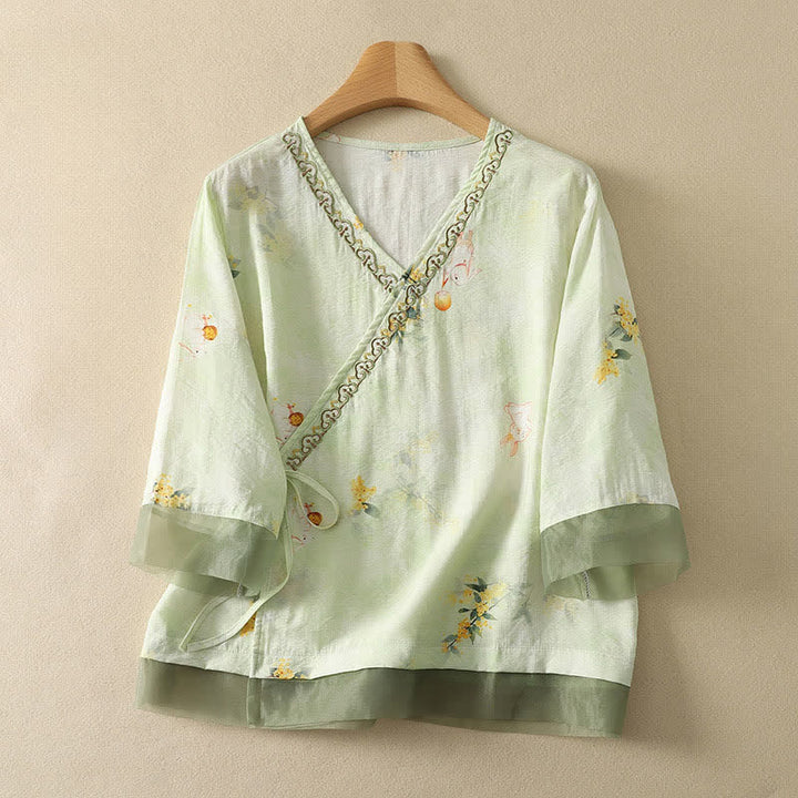 Buddha Stones Sommerliches Vintage-T-Shirt im Tang-Stil mit floraler Stickerei, V-Ausschnitt und Dreiviertelärmeln für Damen - Hellgrün - US8-10, UK/AU12-14, EU40-42 (2XL) - image 9