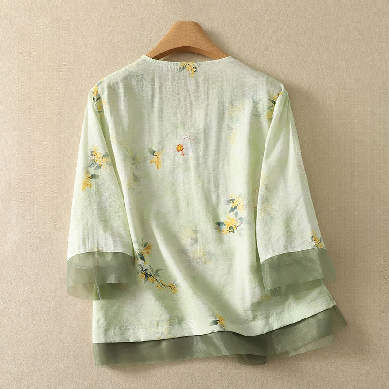 Buddha Stones Sommerliches Vintage-T-Shirt im Tang-Stil mit floraler Stickerei, V-Ausschnitt und Dreiviertelärmeln für Damen - image 10