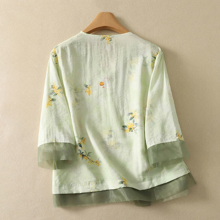 Buddha Stones Sommerliches Vintage-T-Shirt im Tang-Stil mit floraler Stickerei, V-Ausschnitt und Dreiviertelärmeln für Damen - image 10