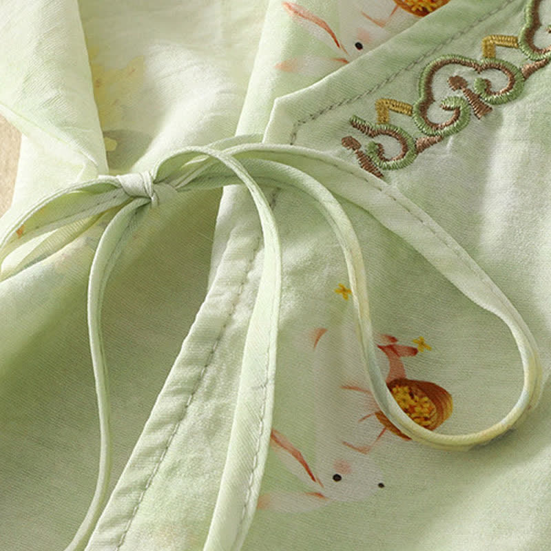 Buddha Stones Sommerliches Vintage-T-Shirt im Tang-Stil mit floraler Stickerei, V-Ausschnitt und Dreiviertelärmeln für Damen - image 14