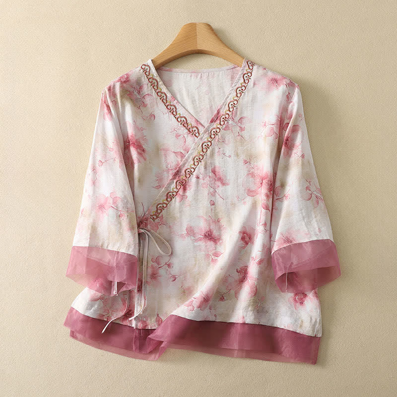 Buddha Stones Sommerliches Vintage-T-Shirt im Tang-Stil mit floraler Stickerei, V-Ausschnitt und Dreiviertelärmeln für Damen - MistyRose - US8-10, UK/AU12-14, EU40-42 (2XL) - image 17