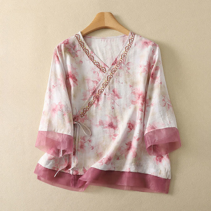 Buddha Stones Sommerliches Vintage-T-Shirt im Tang-Stil mit floraler Stickerei, V-Ausschnitt und Dreiviertelärmeln für Damen - MistyRose - US8-10, UK/AU12-14, EU40-42 (2XL) - image 17