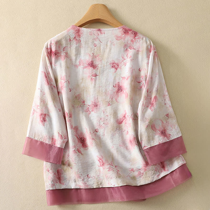 Buddha Stones Sommerliches Vintage-T-Shirt im Tang-Stil mit floraler Stickerei, V-Ausschnitt und Dreiviertelärmeln für Damen - image 18