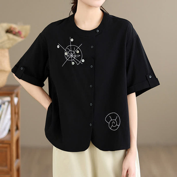 Buddha Stones Sommerliches, lässiges, minimalistisches Kurzarmhemd mit Schneckenstickerei, Knopfleiste und geometrischem Muster für Damen - Schwarz - US8-10, UK/AU12-14, EU40-42 (2XL) - image 9