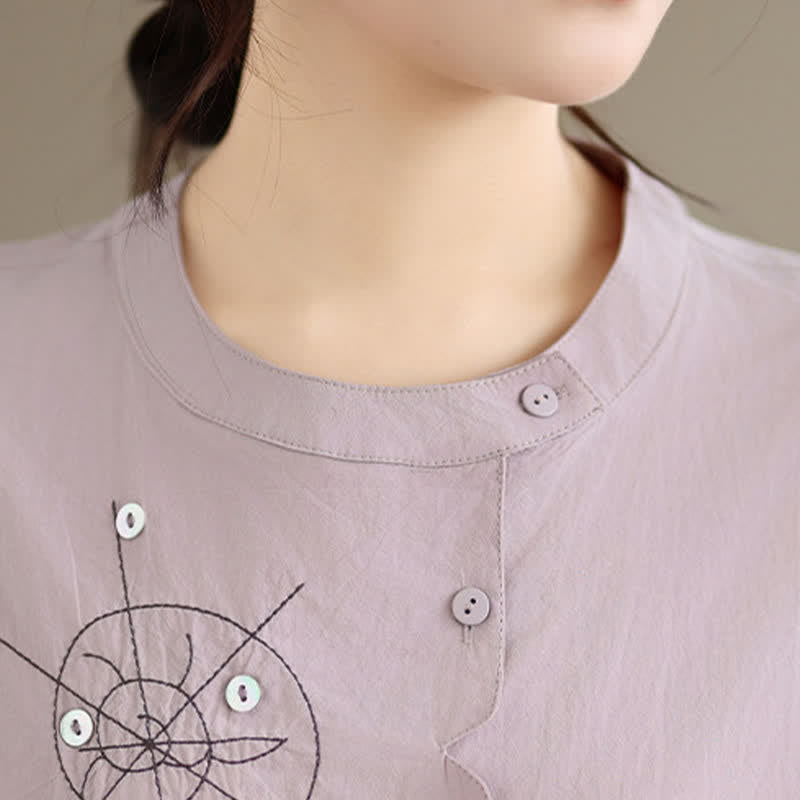 Buddha Stones Sommerliches, lässiges, minimalistisches Kurzarmhemd mit Schneckenstickerei, Knopfleiste und geometrischem Muster für Damen - image 5